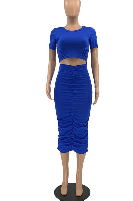 Black Euramerican Women Solid Color Short Sleeve Round Collar Mid Waist Ruffle Midi Dress JR3640-1