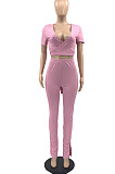 Pink Women Ribber Short Sleeve V Collar Solid Color Tied Split Pants Sets JR3643-2