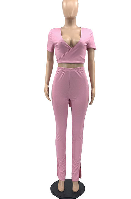 Pink Women Ribber Short Sleeve V Collar Solid Color Tied Split Pants Sets JR3643-2