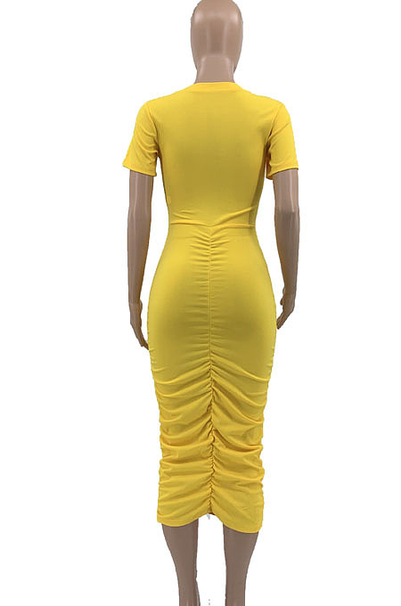 Black Euramerican Women Solid Color Short Sleeve Round Collar Mid Waist Ruffle Midi Dress JR3640-1