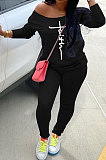 Gray Women Trendy Oblique Shoulder Letters Printing Casual Sport Pants Sets YFS10025-1