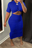 Blue Euramerican Women Solid Color Short Sleeve Round Collar Mid Waist Ruffle Midi Dress JR3640-4