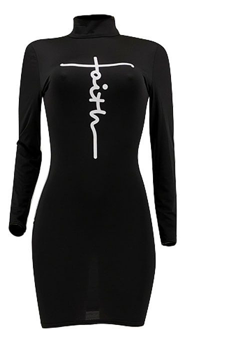 White Women Long Sleeve Letters Printing Pure Color Mid Waist Mini Dress YBS86733-1