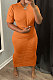 Orange Euramerican Women Solid Color Short Sleeve Round Collar Mid Waist Ruffle Midi Dress JR3640-2