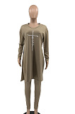 Khaki Euramerican Women Long Sleeve Printing Casual Pants Sets JR3654-2