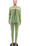 Gray Women Trendy Oblique Shoulder Letters Printing Casual Sport Pants Sets YFS10025-1