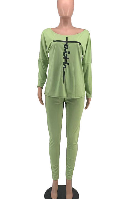 Gray Women Trendy Oblique Shoulder Letters Printing Casual Sport Pants Sets YFS10025-1