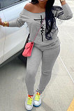 Gray Women Trendy Oblique Shoulder Letters Printing Casual Sport Pants Sets YFS10025-1