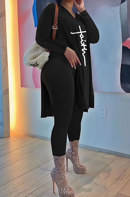 Black Euramerican Women Long Sleeve Printing Casual Pants Sets JR3654-1
