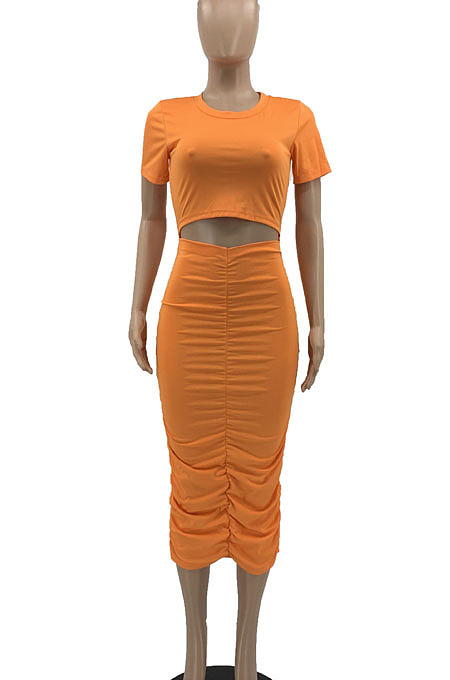 Black Euramerican Women Solid Color Short Sleeve Round Collar Mid Waist Ruffle Midi Dress JR3640-1