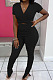 Black Women Ribber Short Sleeve V Collar Tied Solid Color Split Pants Sets JR3643-1