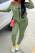Gray Women Trendy Oblique Shoulder Letters Printing Casual Sport Pants Sets YFS10025-1