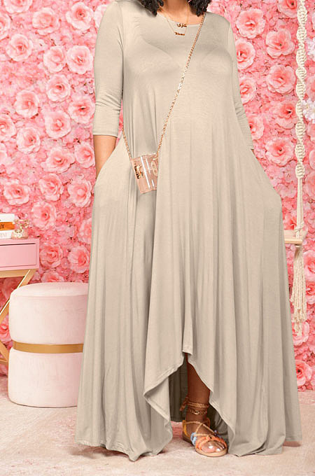 Blue Euramerican Women Irregular Lower Hem Long Sleeve Pure Color Long Dress JR3642-3