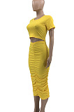 Orange Euramerican Women Solid Color Short Sleeve Round Collar Mid Waist Ruffle Midi Dress JR3640-2