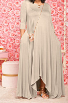 Khaki Euramerican Women Irregular Lower Hem Long Sleeve Pure Color Long Dress JR3642-2