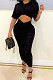 Black Euramerican Women Solid Color Short Sleeve Round Collar Mid Waist Ruffle Midi Dress JR3640-1
