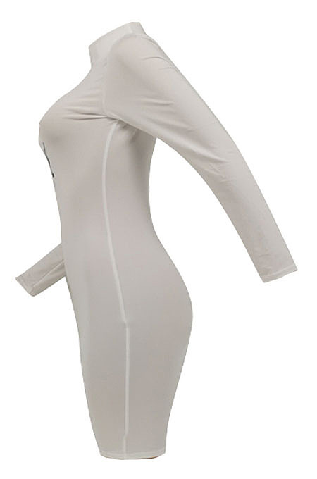White Women Long Sleeve Letters Printing Pure Color Mid Waist Mini Dress YBS86733-1