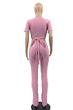 Pink Women Ribber Short Sleeve V Collar Solid Color Tied Split Pants Sets JR3643-2