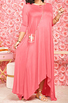 Red Euramerican Women Irregular Lower Hem Long Sleeve Pure Color Long Dress JR3642-1