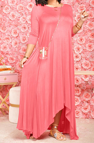 Red Euramerican Women Irregular Lower Hem Long Sleeve Pure Color Long Dress JR3642-1