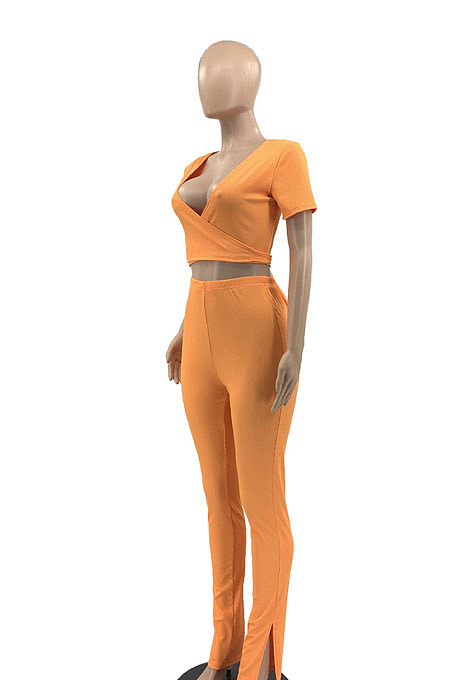 Black Women Ribber Short Sleeve V Collar Tied Solid Color Split Pants Sets JR3643-1