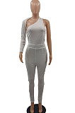 White Euramerican Women Sexy Trendy One Shoulder Pure Color Backless Bodycon Jumpsuits QMX1010-1
