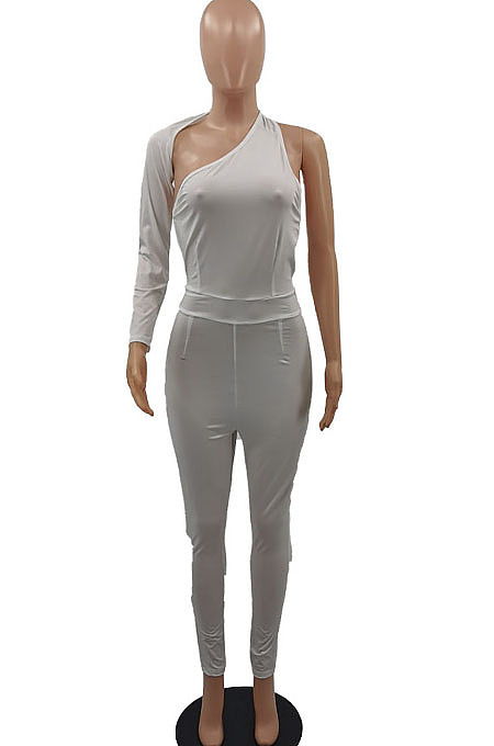 White Euramerican Women Sexy Trendy One Shoulder Pure Color Backless Bodycon Jumpsuits QMX1010-1