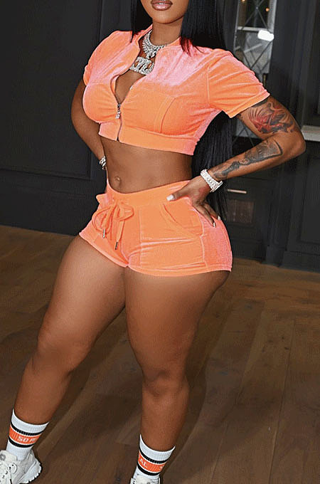 Orange Velvet Short Sleeve Zip Front Crop Top Shorts Pure Color Sets QZ4351-4