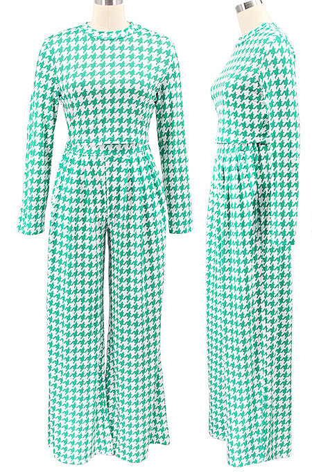 Yellow Euramerican Autumn Winter Women Plaid Printing Long Sleeve Round Collar Loose Pants Sets KZ2139-1