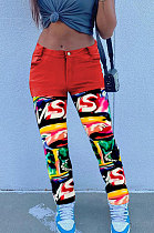 Red Print Spliced Mid Waist Jean Shift Pants LSZ9058-2