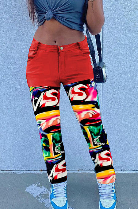 Red Print Spliced Mid Waist Jean Shift Pants LSZ9058-2