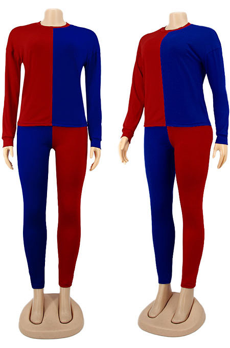 Rose Red Black Euramerican Sexy Women Autumn Spliced Color Block Long Sleeve Long Pants Sets KZ158-1