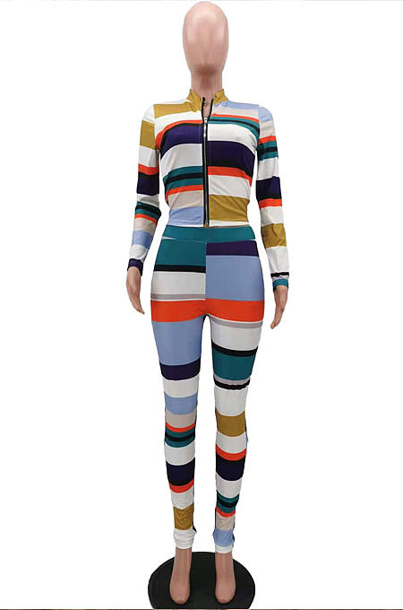 Purple Autumn Winter Stripe Ribber Print Long Sleeve Zipper Top Pencil Pants Sets TK6138-1
