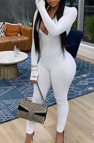 White Ribber Letter Embroidery Long Sleeve Zipper Slim Fitting Bodycon Jumpsuits QZ6115-1