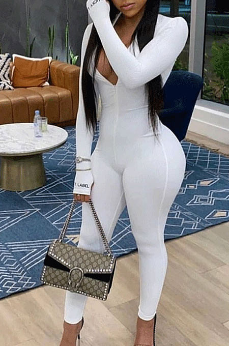 White Ribber Letter Embroidery Long Sleeve Zipper Slim Fitting Bodycon Jumpsuits QZ6115-1