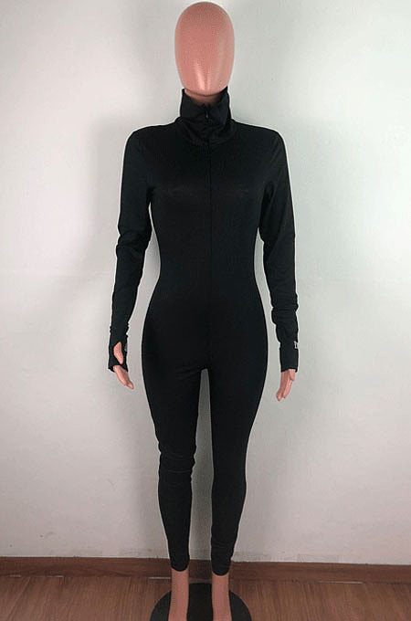 White Ribber Letter Embroidery Long Sleeve Zipper Slim Fitting Bodycon Jumpsuits QZ6115-1