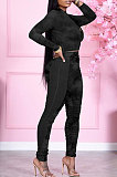 Green Wholesale Print Long Sleeve Zip Front Mesh Spliced Ruffle Hip Pants Sport Sets TK6139-1