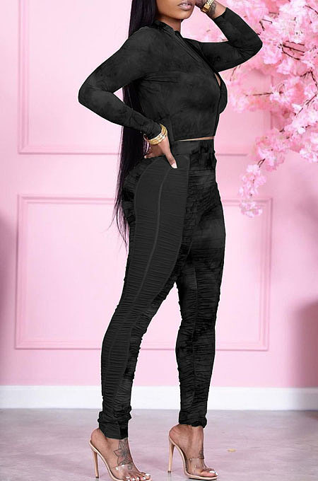 Green Wholesale Print Long Sleeve Zip Front Mesh Spliced Ruffle Hip Pants Sport Sets TK6139-1