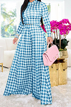Light Blue Euramerican Autumn Winter Women Plaid Printing Long Sleeve Round Collar Loose Pants Sets KZ2139-6