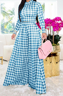 Light Blue Euramerican Autumn Winter Women Plaid Printing Long Sleeve Round Collar Loose Pants Sets KZ2139-6