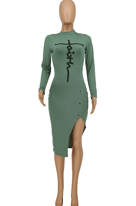 Lake Green Autumn Bodycon Sexy Split Irregular Spliced Midi Dress HZF57813-3