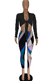 Black Modest Long Sleeve Bandage Crop Top Digital Print Pencil Pants Two-Piece MN8381-3
