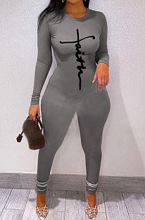 Gray Women Ribber Solid Color Long Sleeve Round Collar Bodycon Jumpsuits MLD5058-1