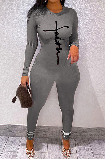 Gray Women Ribber Solid Color Long Sleeve Round Collar Bodycon Jumpsuits MLD5058-1