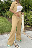 Black Women Casual Solid Color Tops Turn-Down Collar Pants Sets JR3652-1