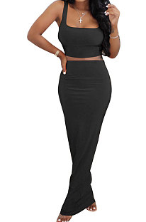 Black Euramerican Sexy Women Sleeveless Solid Color Tank Tight At Home Casual Skirts Sets KZ152-4