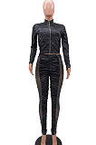 Green Wholesale Print Long Sleeve Zip Front Mesh Spliced Ruffle Hip Pants Sport Sets TK6139-1