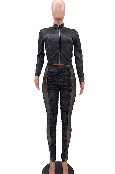 Green Wholesale Print Long Sleeve Zip Front Mesh Spliced Ruffle Hip Pants Sport Sets TK6139-1