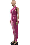 Blue Euramerican Women Tight Sleeveless Spliced Zipper Low Waist Bodycon Jumpsuits JR3649-4