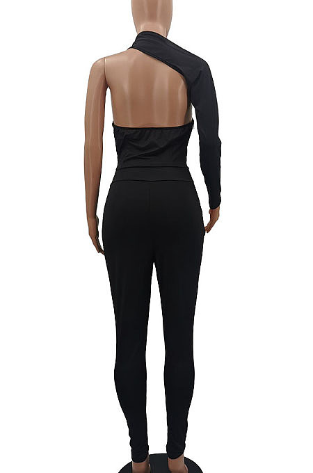Black Euramerican Women Sexy Trendy One Shoulder Pure Color Backless Bodycon Jumpsuits QMX1010-2